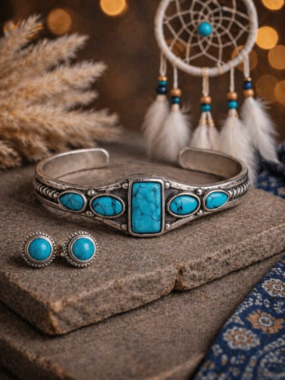 Silver Cuff Bracelet Earrings Set Faux Turquoise Coastal Cowgirl Western Boho